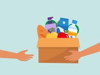 Handing a food box into hands Image of food donation box